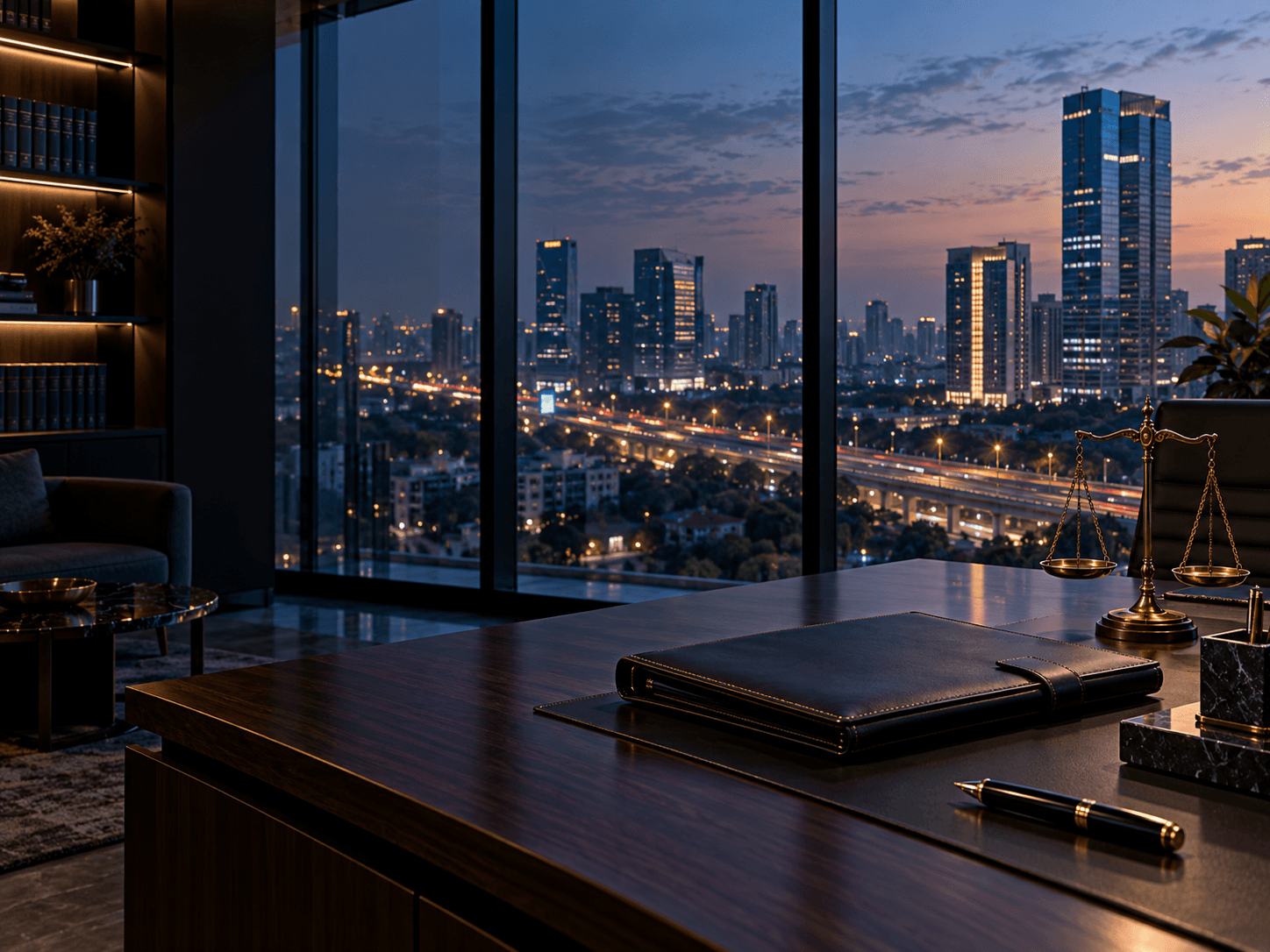 Veritas Law Partners Corporate Legal Headquarters overlooking Gurugram skyline at dusk