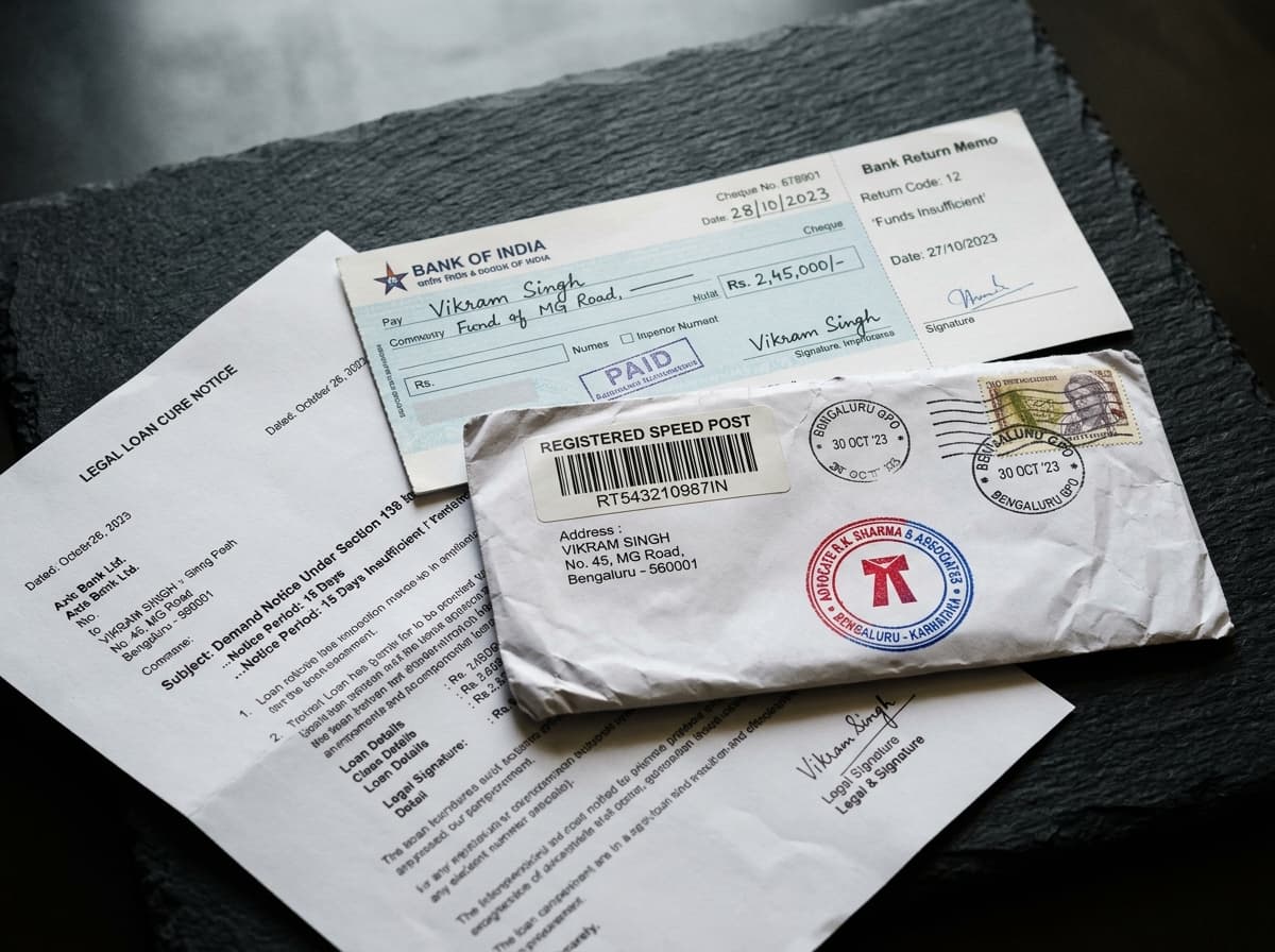 Dishonoured cheque memo and registered Speed Post tracking envelope - Veritas Law Partners