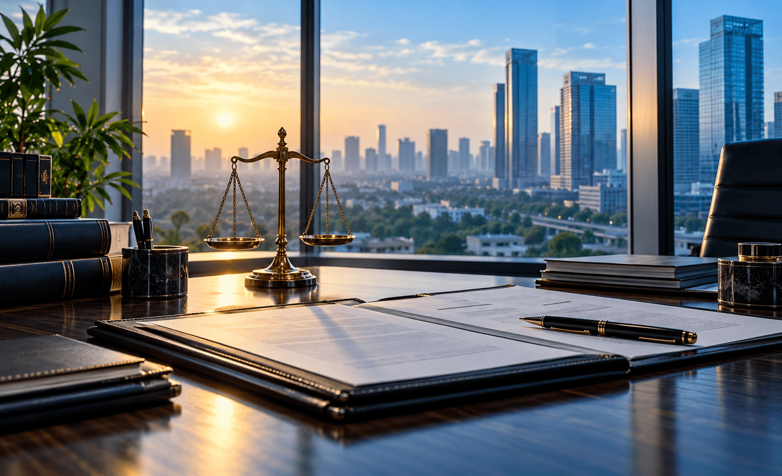 Legal strategy documents and balanced scales in a modern Gurugram law office