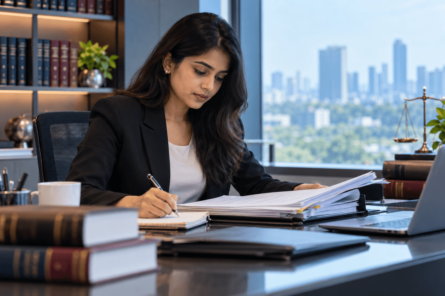 A young lawyer learning and reviewing a case file at her desk