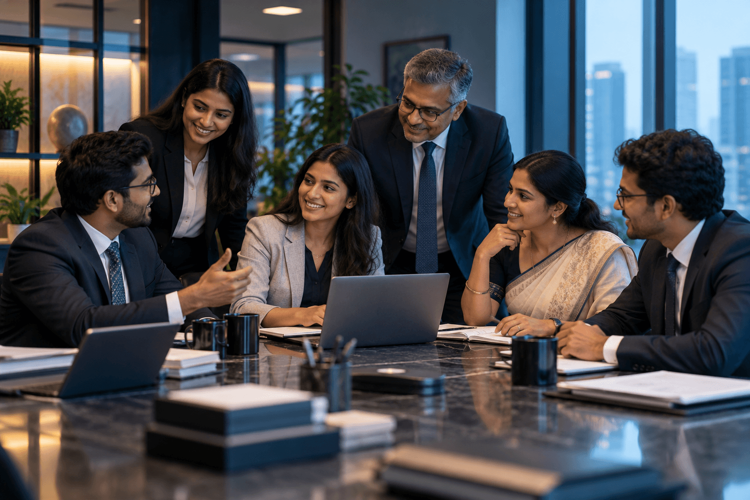 A diverse group of legal colleagues collaborating in their office
