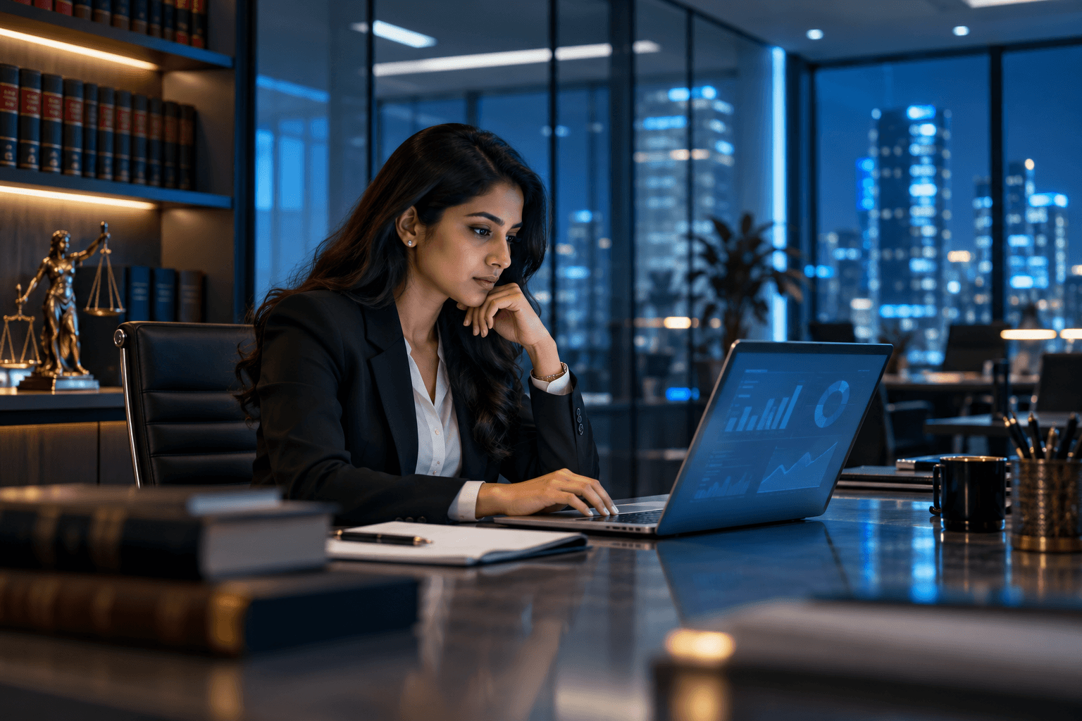 A lawyer using digital tools in a modern office