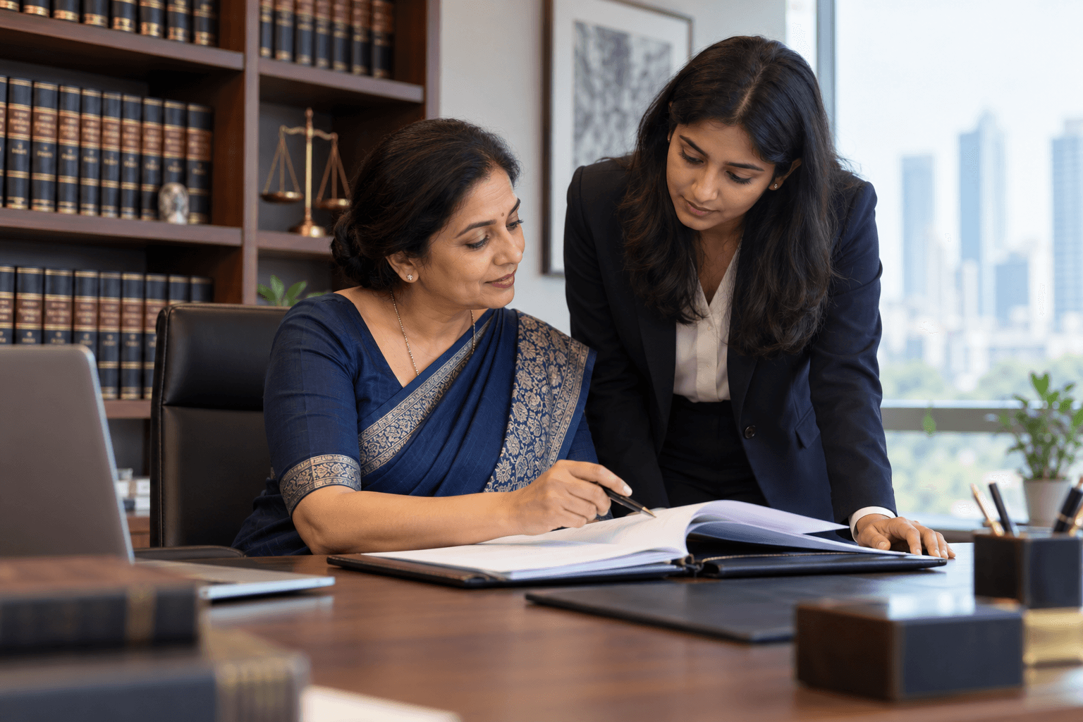 A senior lawyer mentoring a junior associate